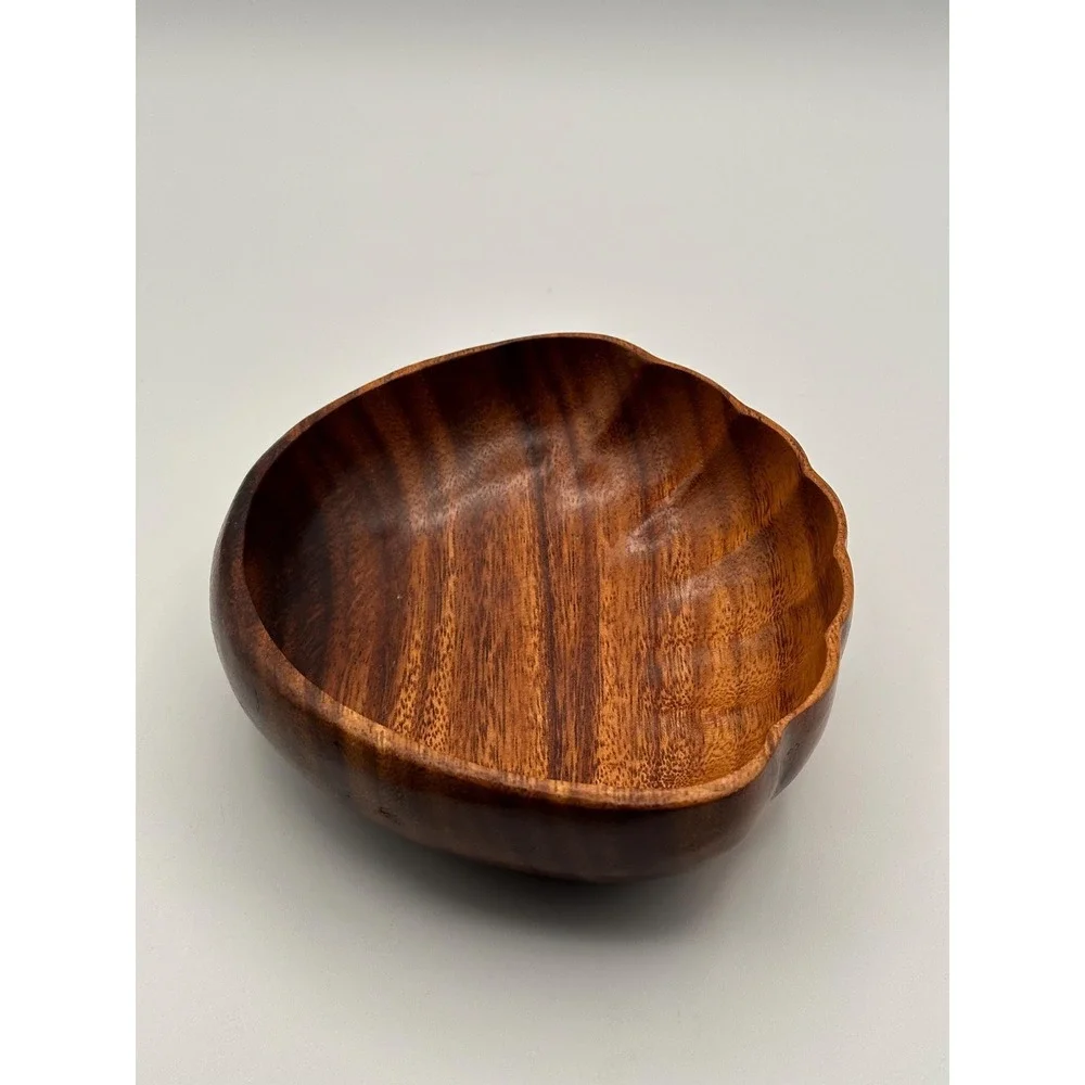 Vintage Hand Carved Wooden Bowl Scalloped Edge MCM Solid Wood
